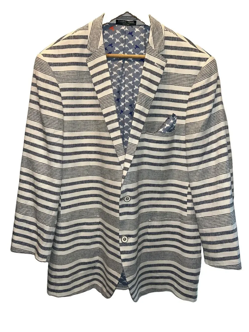Paisley & Gray Mens 46R Blazer Sport Coat Striped Linen Slim Fit W Pocket Square